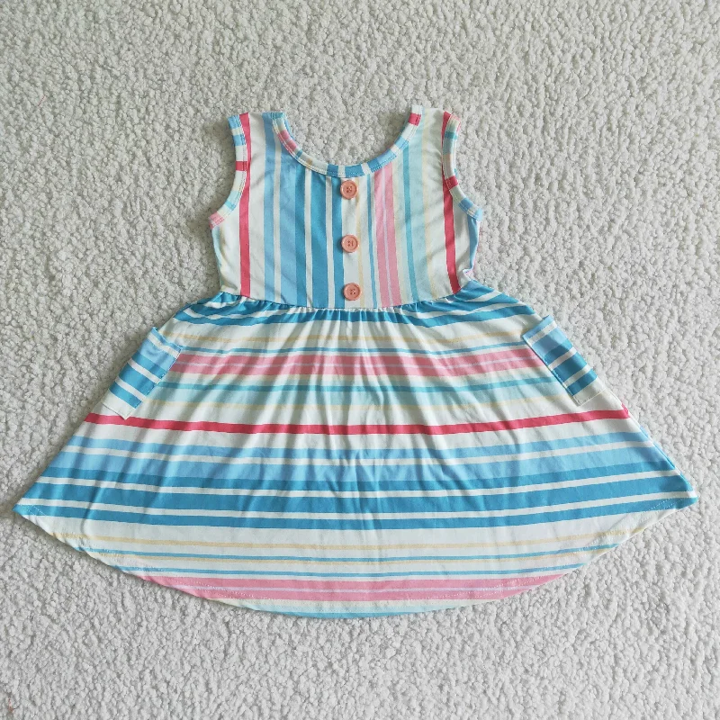 colorful stripe pink button sleeveless Dresses