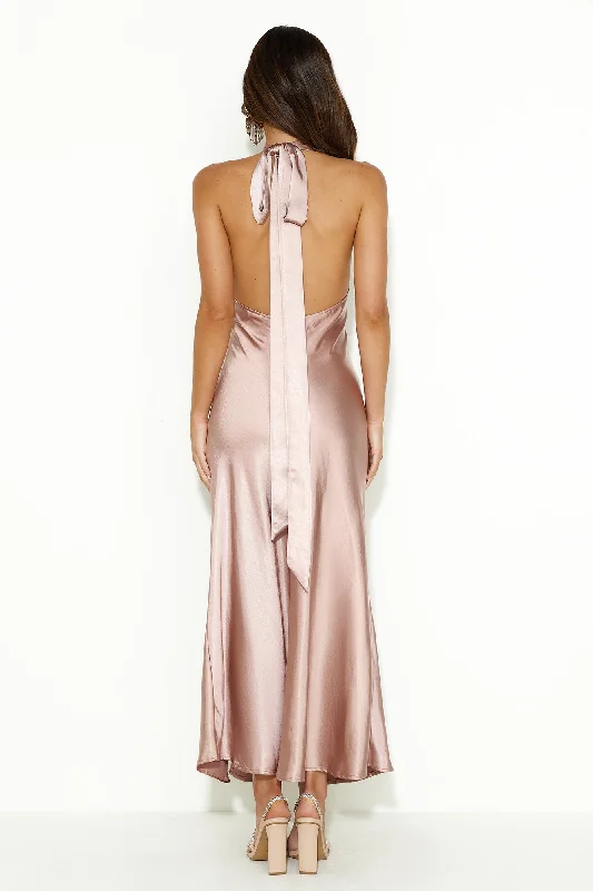 High Shine Nights Halter Satin Maxi Dress Blush