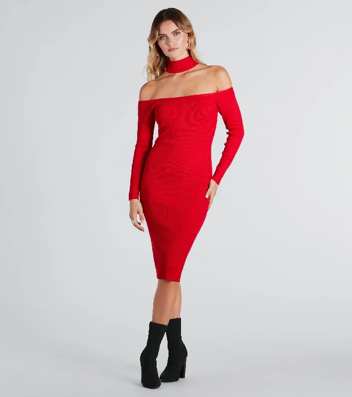 Highly Selective Choker Neck Sweater Midi Dress