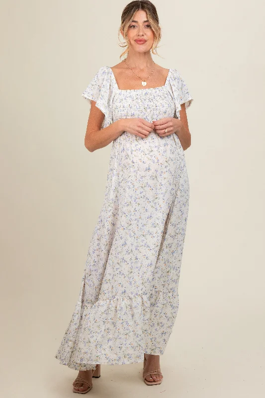 Ivory Floral Smocked Crochet Trim Maternity Dress