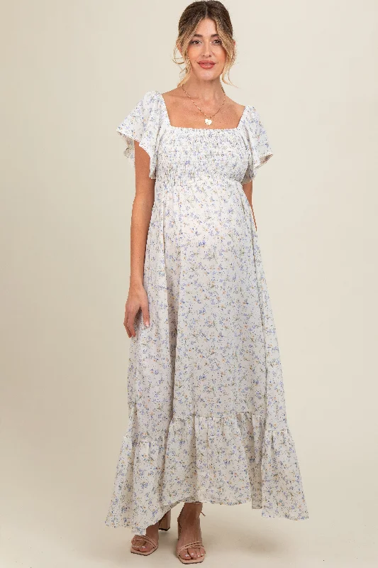 Ivory Floral Smocked Crochet Trim Maternity Dress