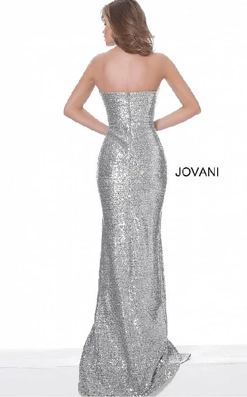 Jovani 02554 Silver Strapless High Slit Evening Dress