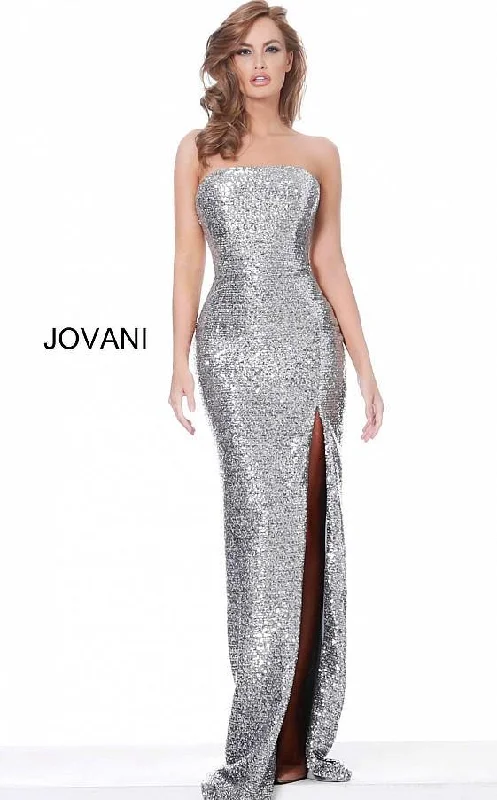 Jovani 02554 Silver Strapless High Slit Evening Dress