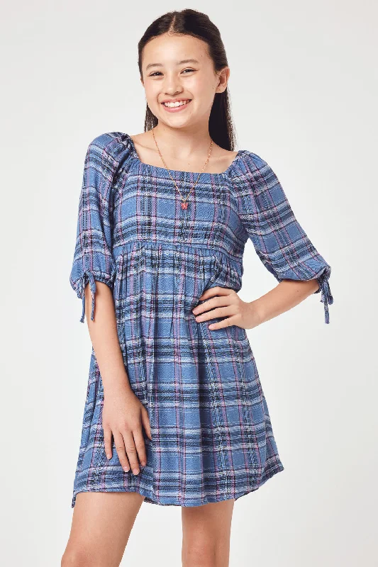 Kids Blue Plaid Half Sleeve Dress