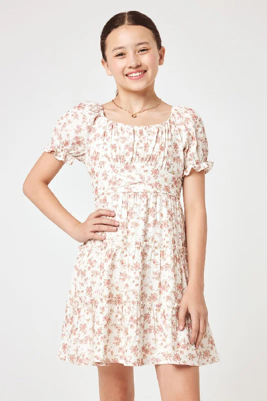 Kids Ivory Floral Short Sleeve Tiered Dress