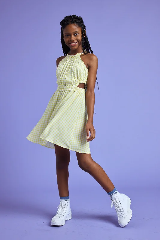 Kids Ivory Yellow Sleeveless Cutout Dress