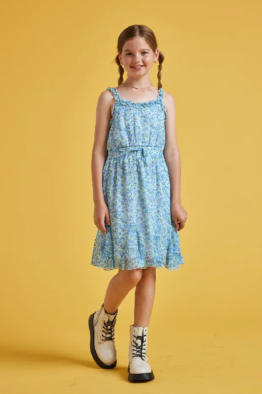 Kids Light Blue White Emma Ruffle Strap Dress