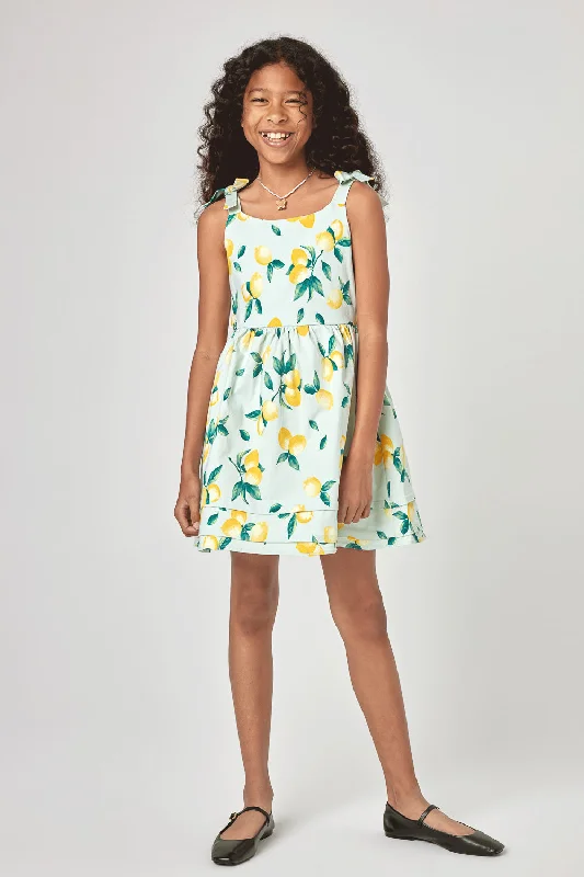 Kids Mint Lemon Floral Tie Shoulder Dress