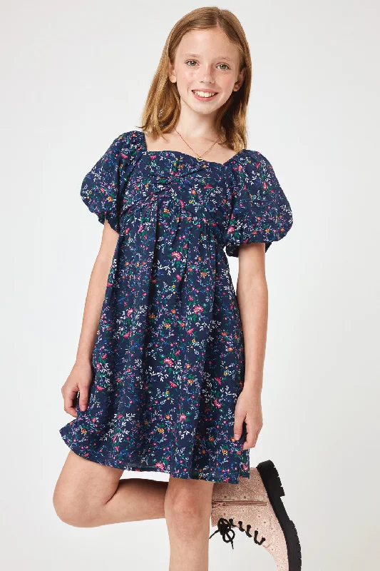 Kids Navy Floral Puff Sleeve Dress