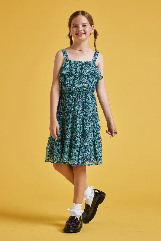 Kids Navy Floral Sleeveless Ruffle Dress