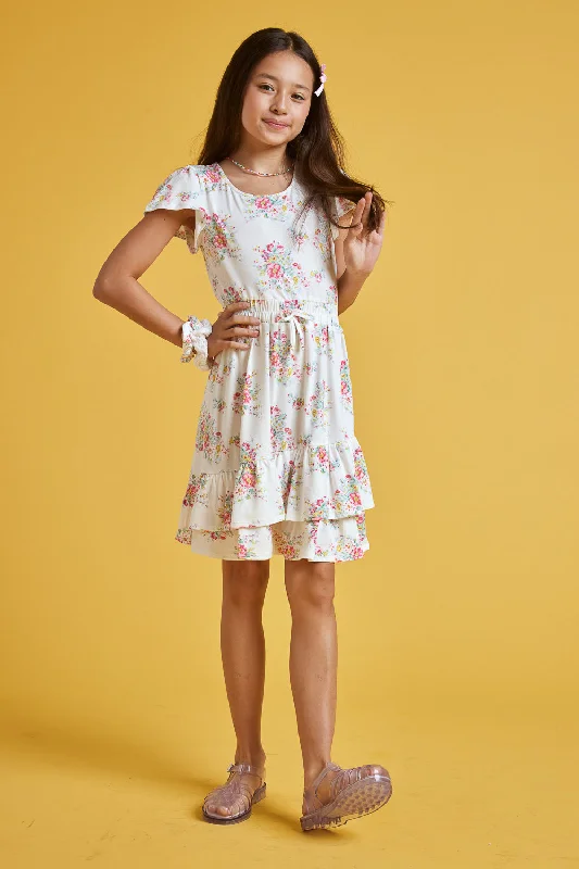 Kids Off-White Floral Scrunchy Ruffle Dress