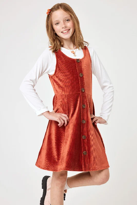 Kids Rust Button Front Velvet Dress w Tee