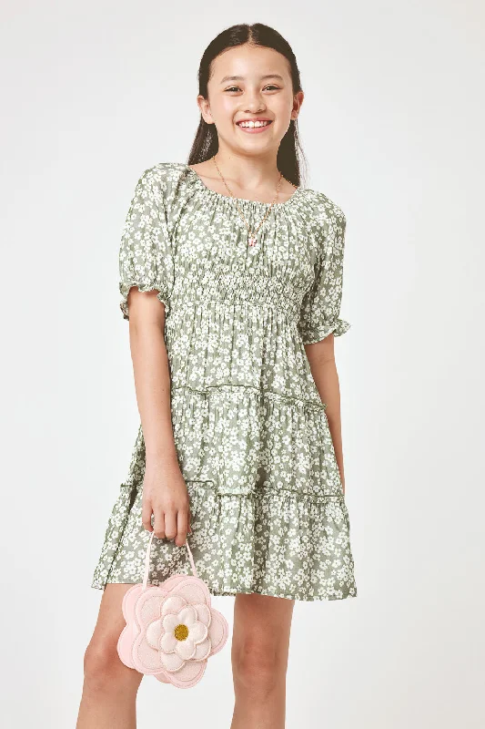 Kids Sage Floral Short Sleeve Tiered Dress