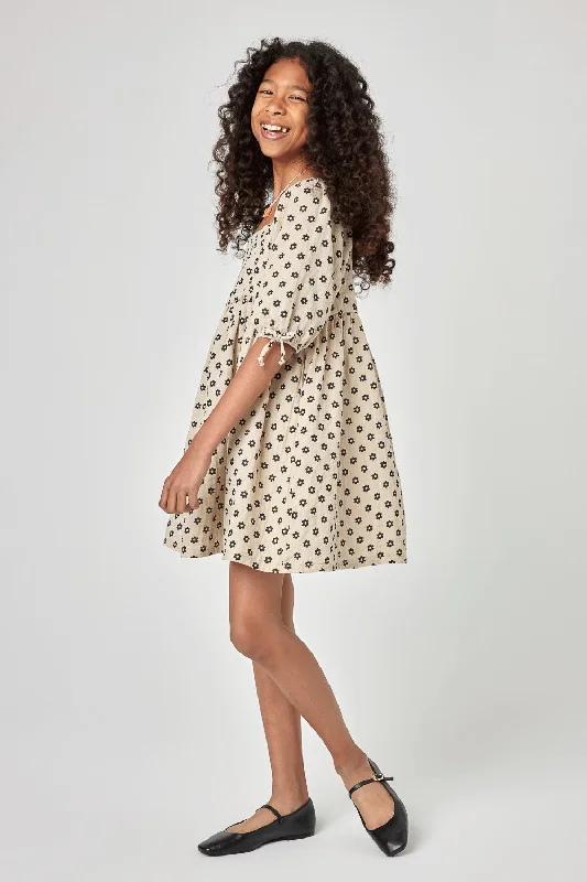 Kids Tan Black Floral Dotted Dress