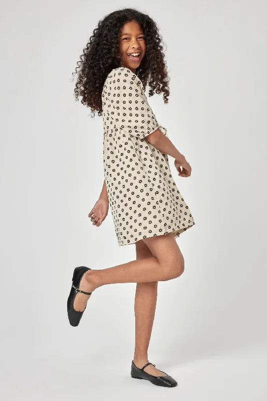 Kids Tan Black Floral Dotted Dress