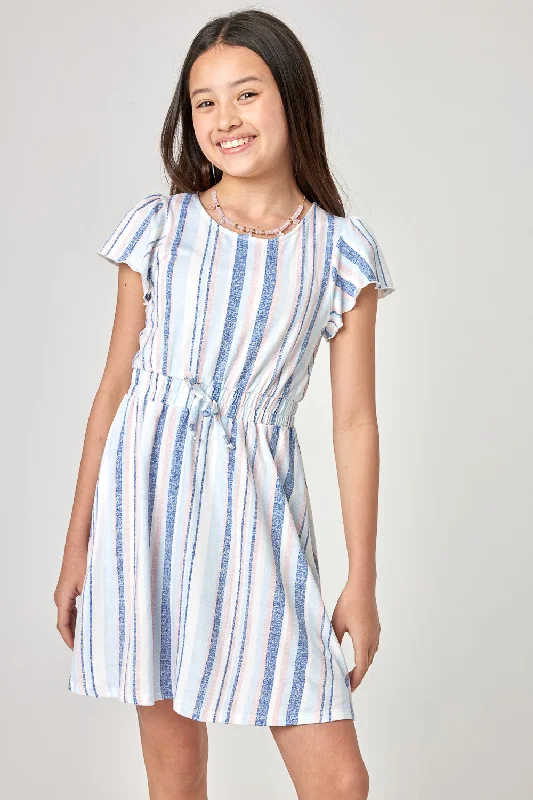 Kids White Navy Pink Flutter Sleeve Knit Dress