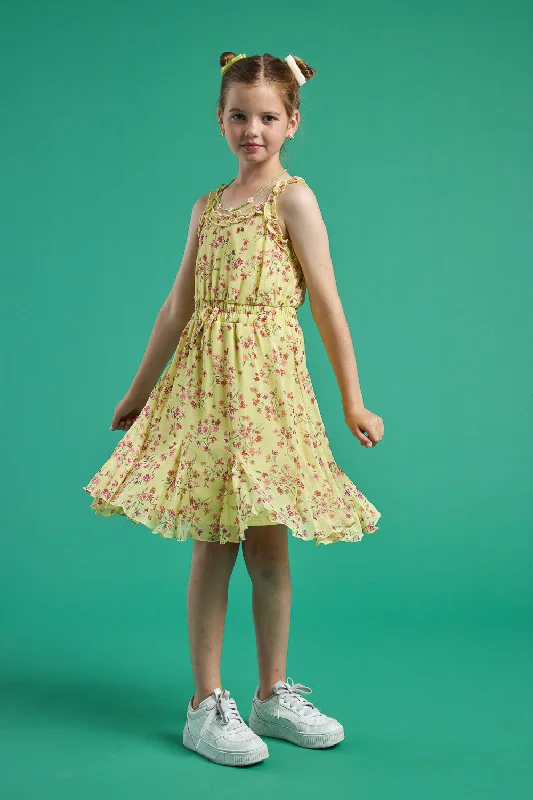 Kids Yellow Floral Emma Ruffle Strap Dress