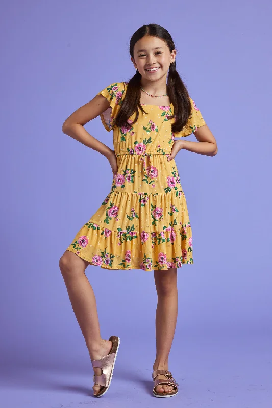 Kids Yellow Floral Print Power Mesh Dress