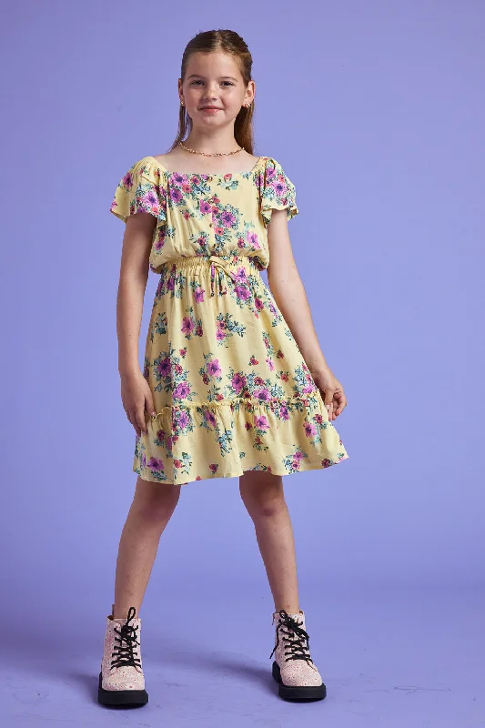 Kids Yellow Floral Scrunchy Woven Dress