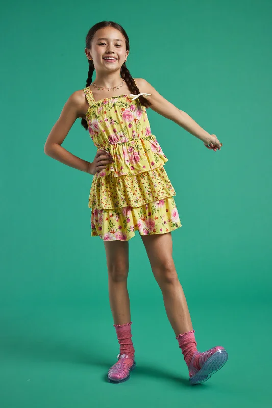 Kids Yellow Floral Sleeveless Twin Print Dress