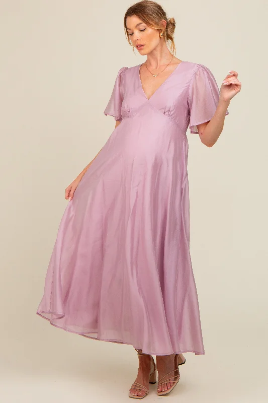 Lavender V-Neck Flutter Sleeve Maternity Maxi Dress