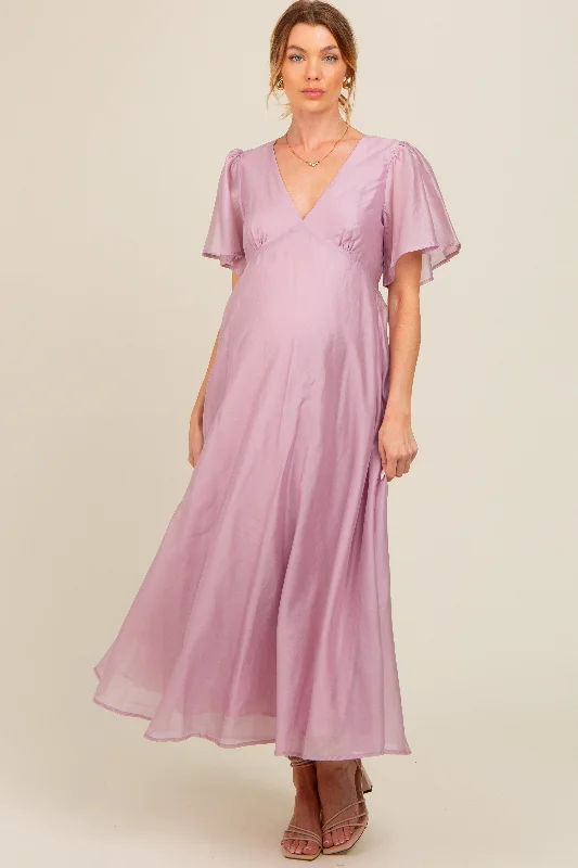 Lavender V-Neck Flutter Sleeve Maternity Maxi Dress