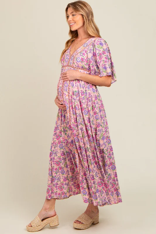 Light Pink Floral Border Print Flutter Sleeve Maternity Maxi Dress