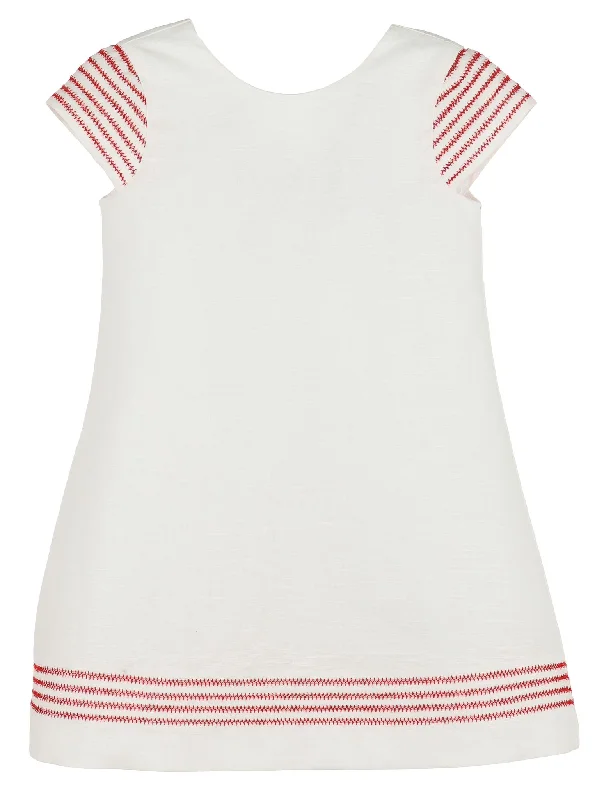 Linen-cotton dress embroidered with red thread.