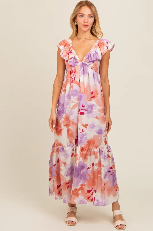 Mauve Floral Ruffle Accent V-Neck Maternity Maxi Dress