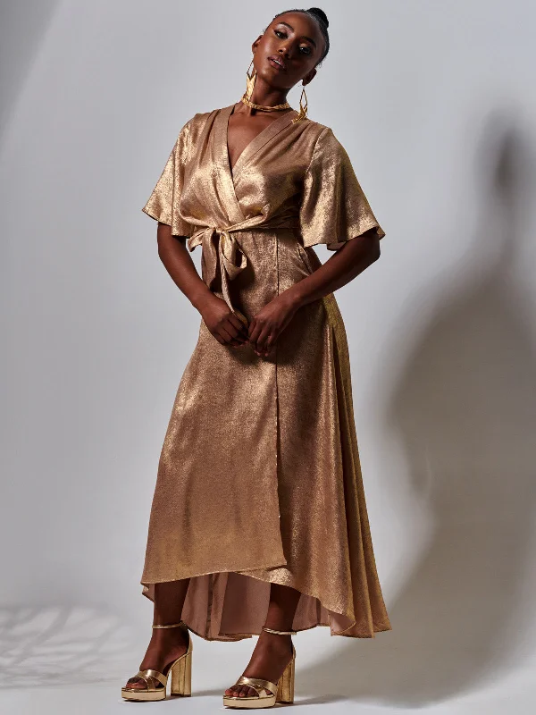 Metallic Effect Wrap Maxi Dress, Gold