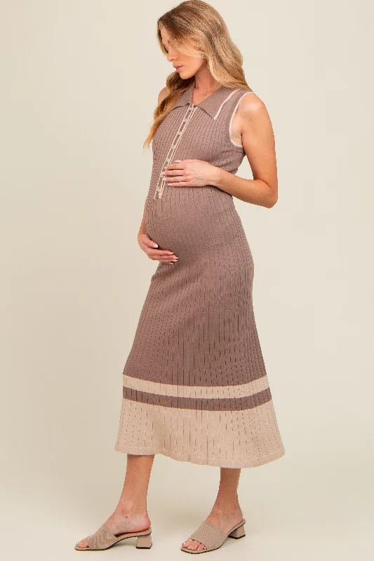 Mocha Knit Button Front Contrast Border Maternity Midi Dress