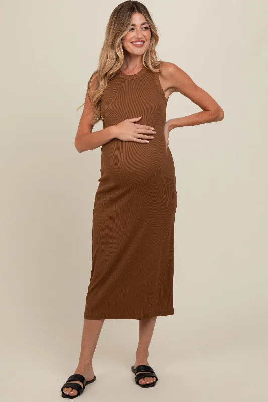 Mocha Ribbed Knit Sleeveless Maternity Dress