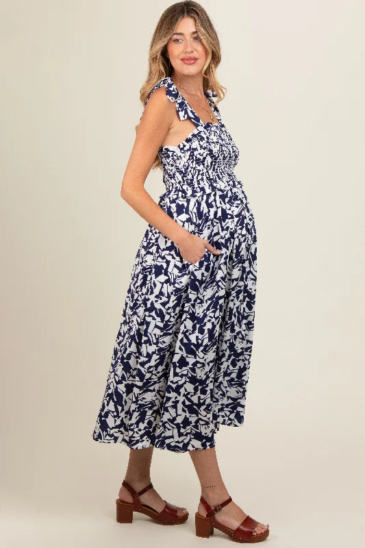 Navy Printed Smocked Shoulder Tie Maternity Midi Dress