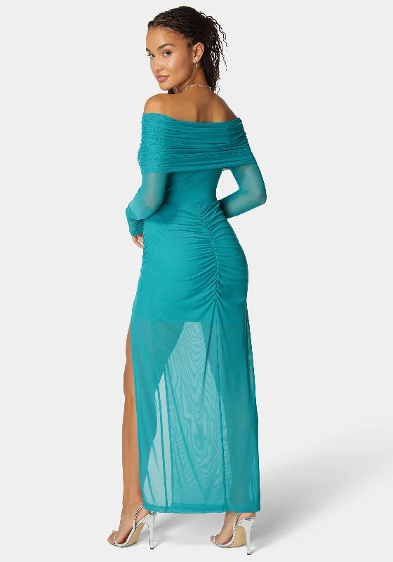 Off Shoulder Asymmetrical Mesh Gown