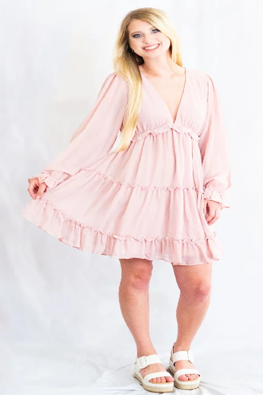 Open Back Crinkled Chiffon Long Sleeve Tiered Dress by She + Sky