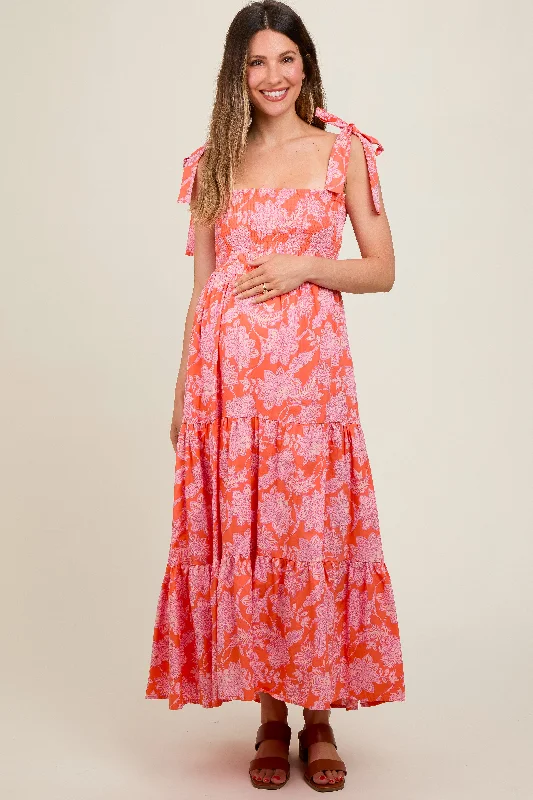 Orange Floral Tiered Shoulder Tie Maternity Dress