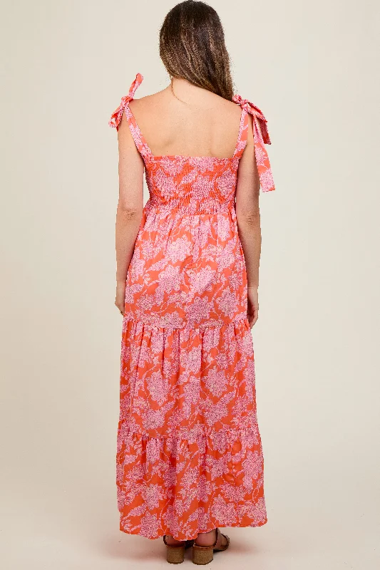 Orange Floral Tiered Shoulder Tie Maternity Dress