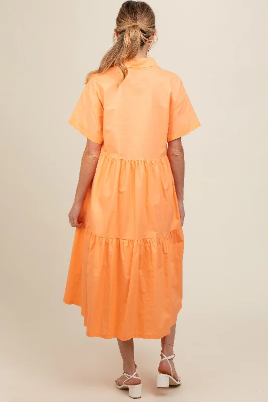 Orange Tiered Button Down Maternity Midi Dress