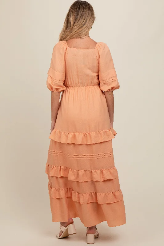 Peach Ruffle Tiered Maternity Maxi Dress