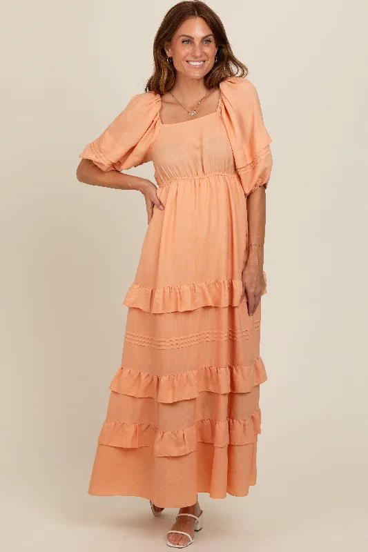 Peach Ruffle Tiered Maternity Maxi Dress