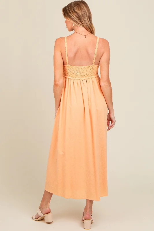 Peach V-Neck Crochet Top Maternity Midi Dress