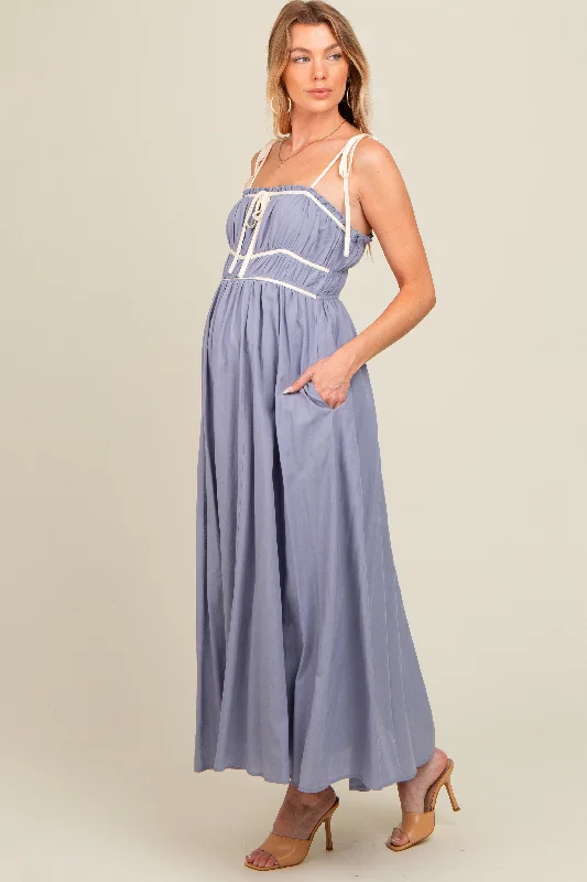 Periwinkle Contrast Ribbon Trim Maternity Maxi Dress