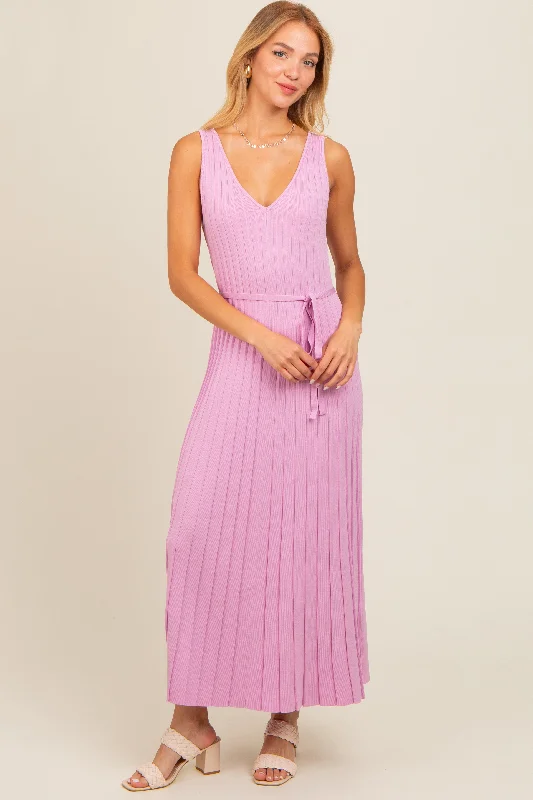 Pink Pleated V-Neck Waist Tie Sweater Maternity Maxi Dress