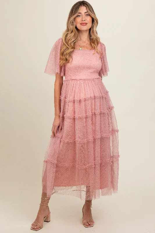 Pink Ruffled Mesh Maternity Maxi Dress