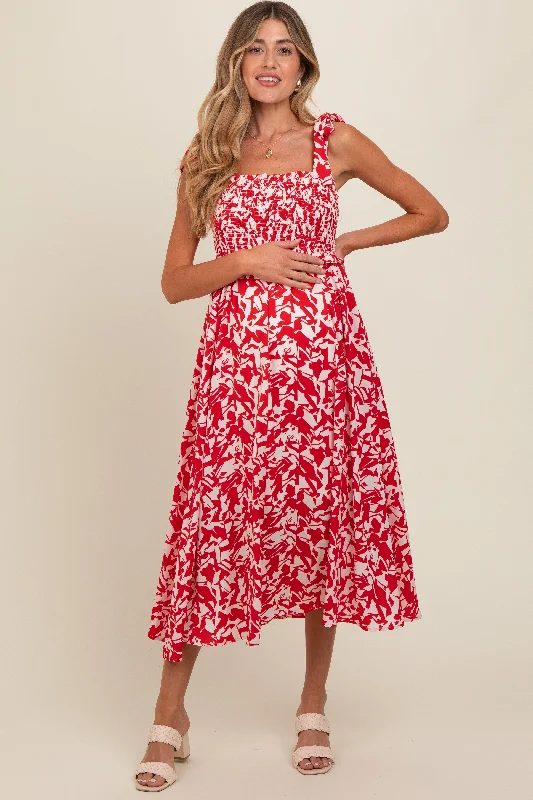 Red Printed Smocked Shoulder Tie Maternity Midi Dress