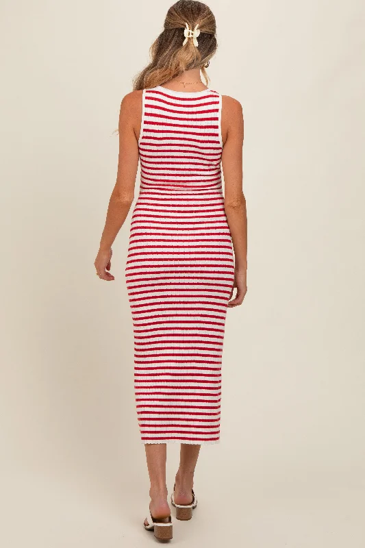 Red Sleeveless Round Neck Striped Rib Sweater Maternity Midi Dress