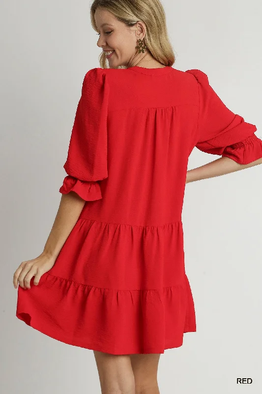 Red Tiered Split Neck Dress by Umgee Clothing