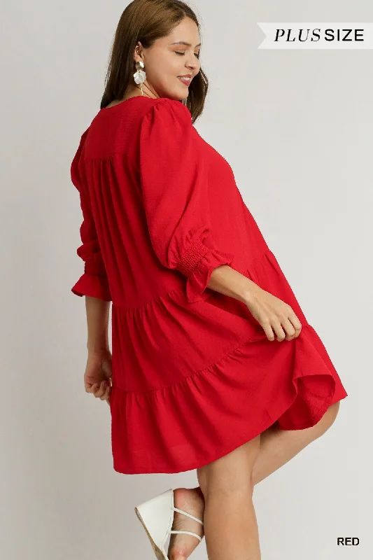 Red Tiered Split Neck Dress in Plus Size by Umgee Clothing