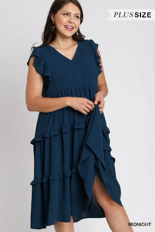 Ruffle Tiered Midi Dress with Flutter Sleeves in Plus Size by Umgee Clothing