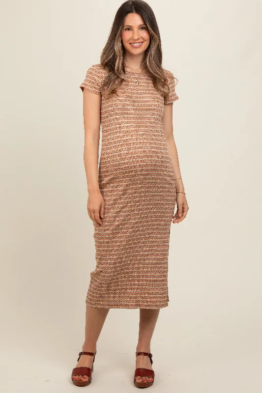 Rust Striped Side Slit Maternity Midi Dress